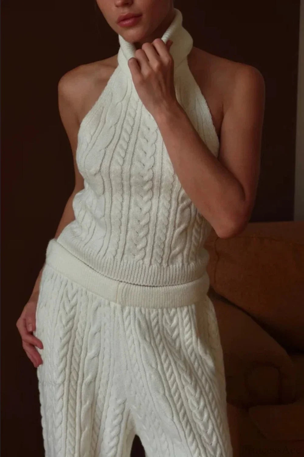 V-neck Cable Knit Top Tank Pants Three Piece Set