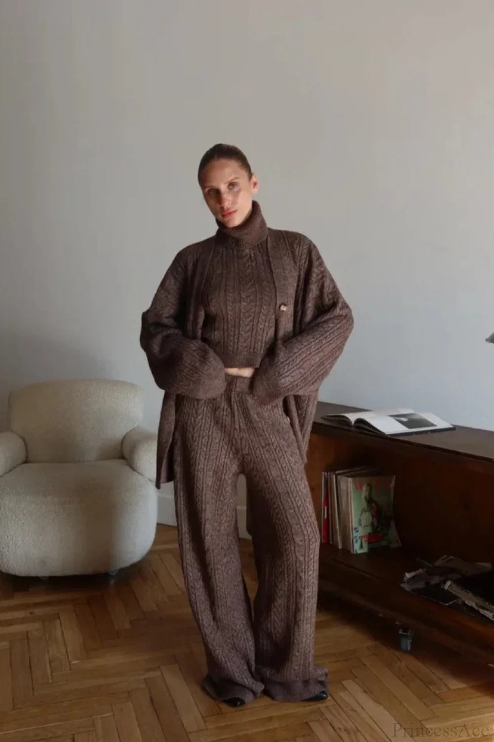 V-neck Cable Knit Top Tank Pants Three Piece Set