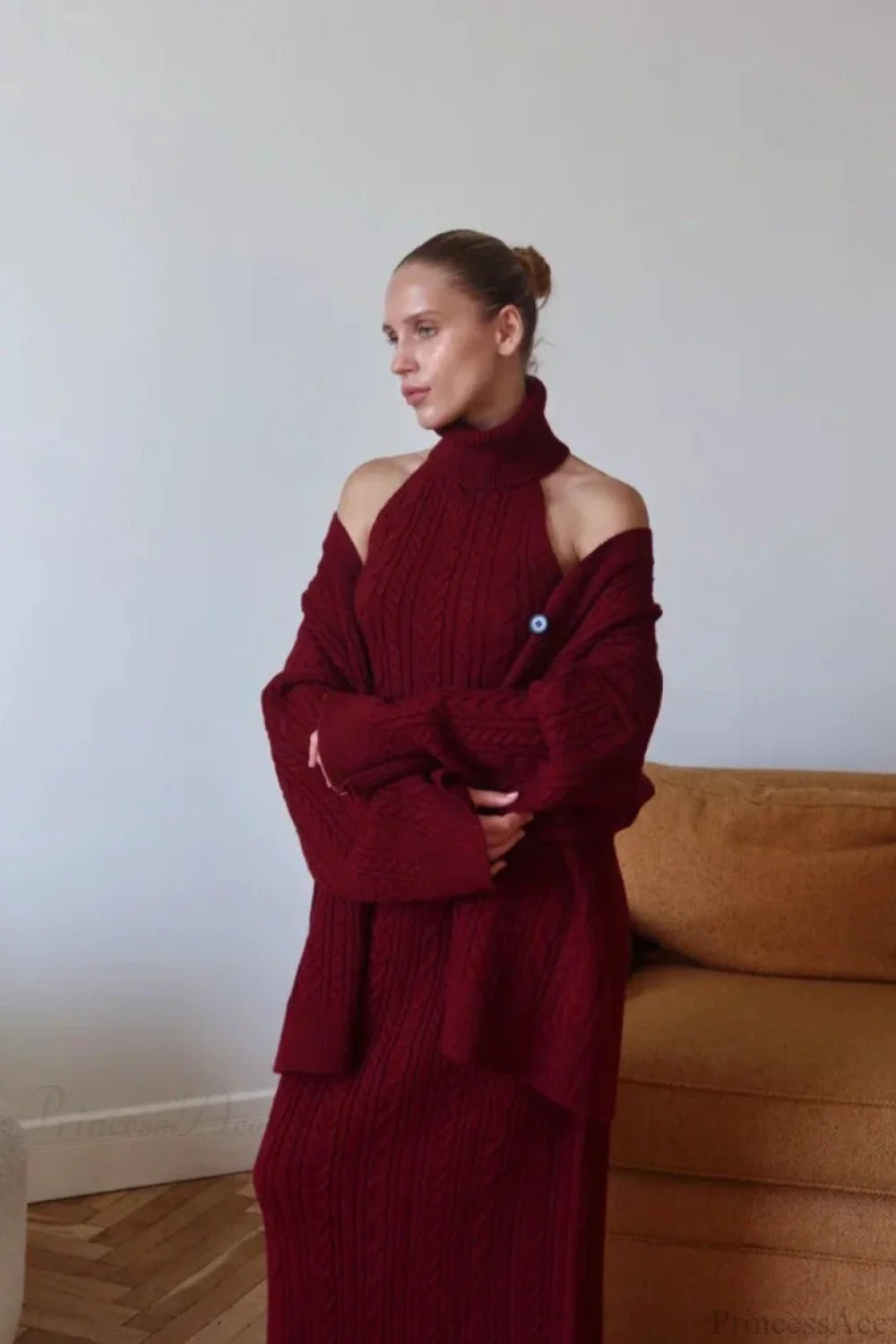 V-neck Cable Knit Top Tank Pants Three Piece Set