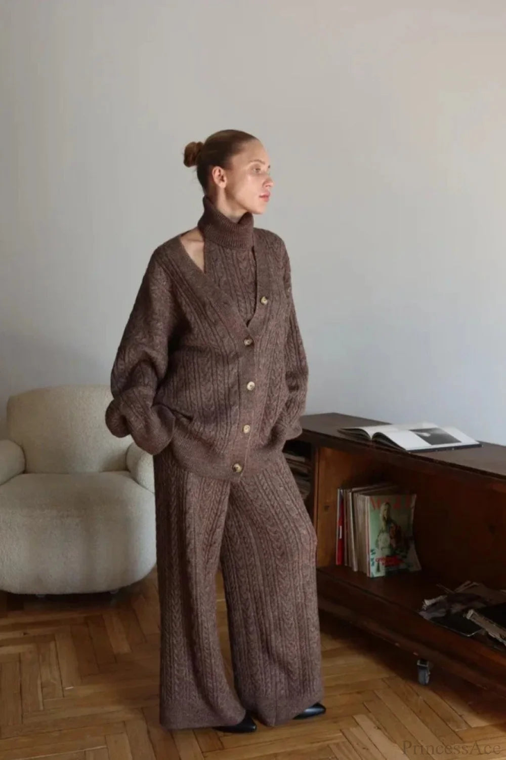 V-neck Cable Knit Top Tank Pants Three Piece Set