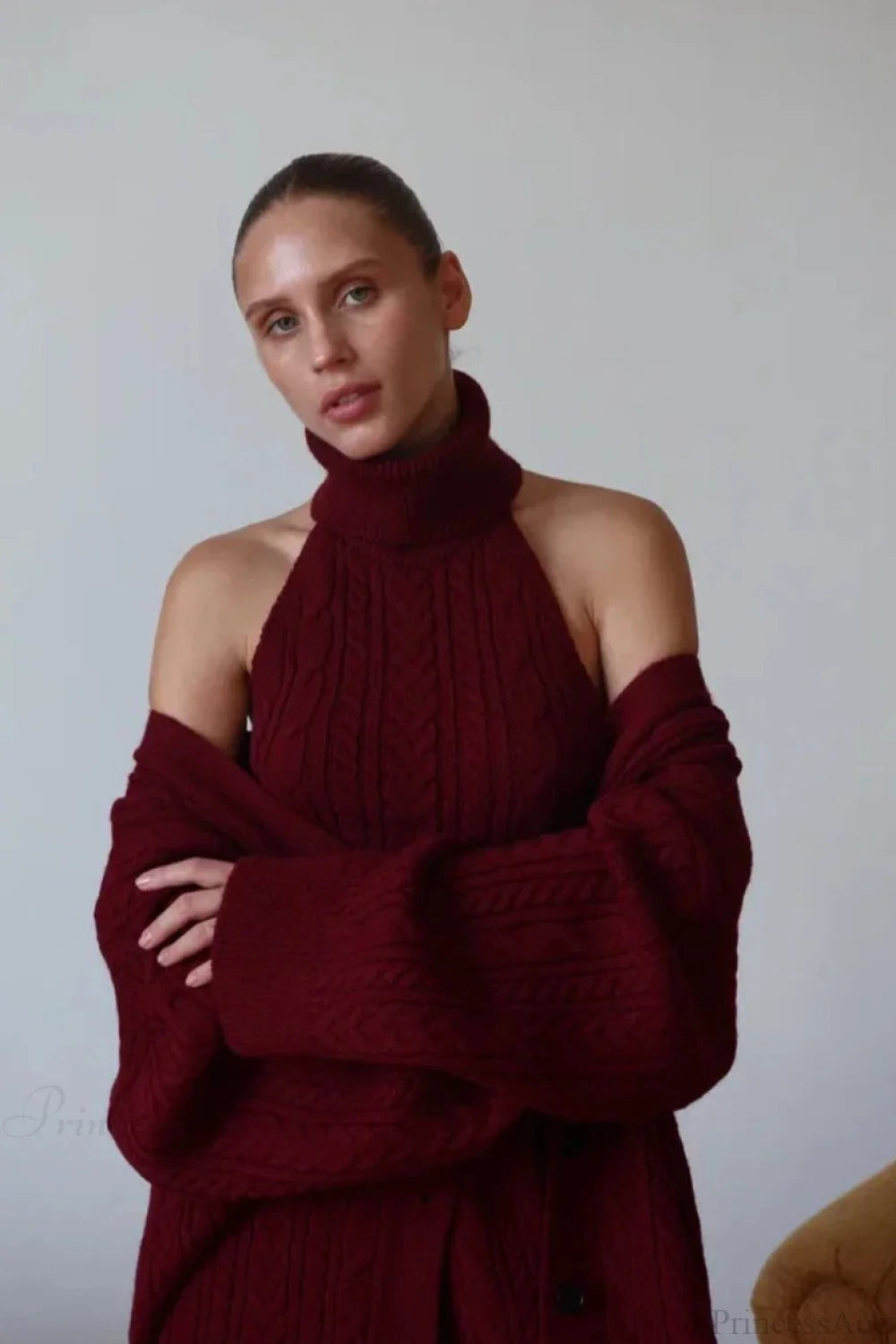 V-neck Cable Knit Top Tank Pants Three Piece Set