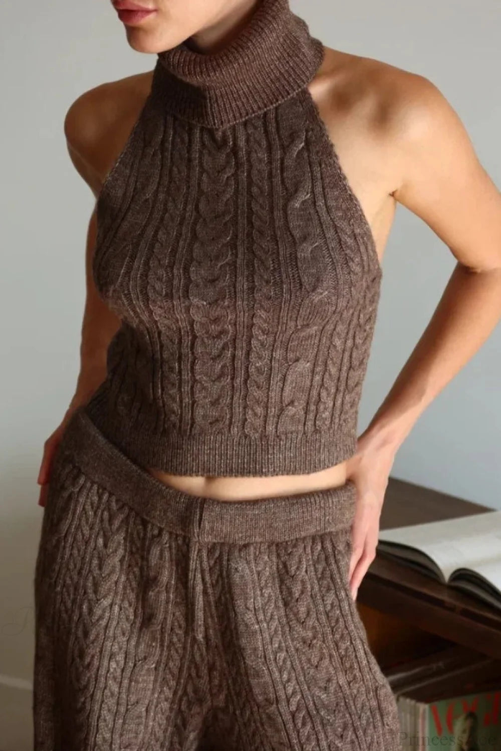 V-neck Cable Knit Top Tank Pants Three Piece Set