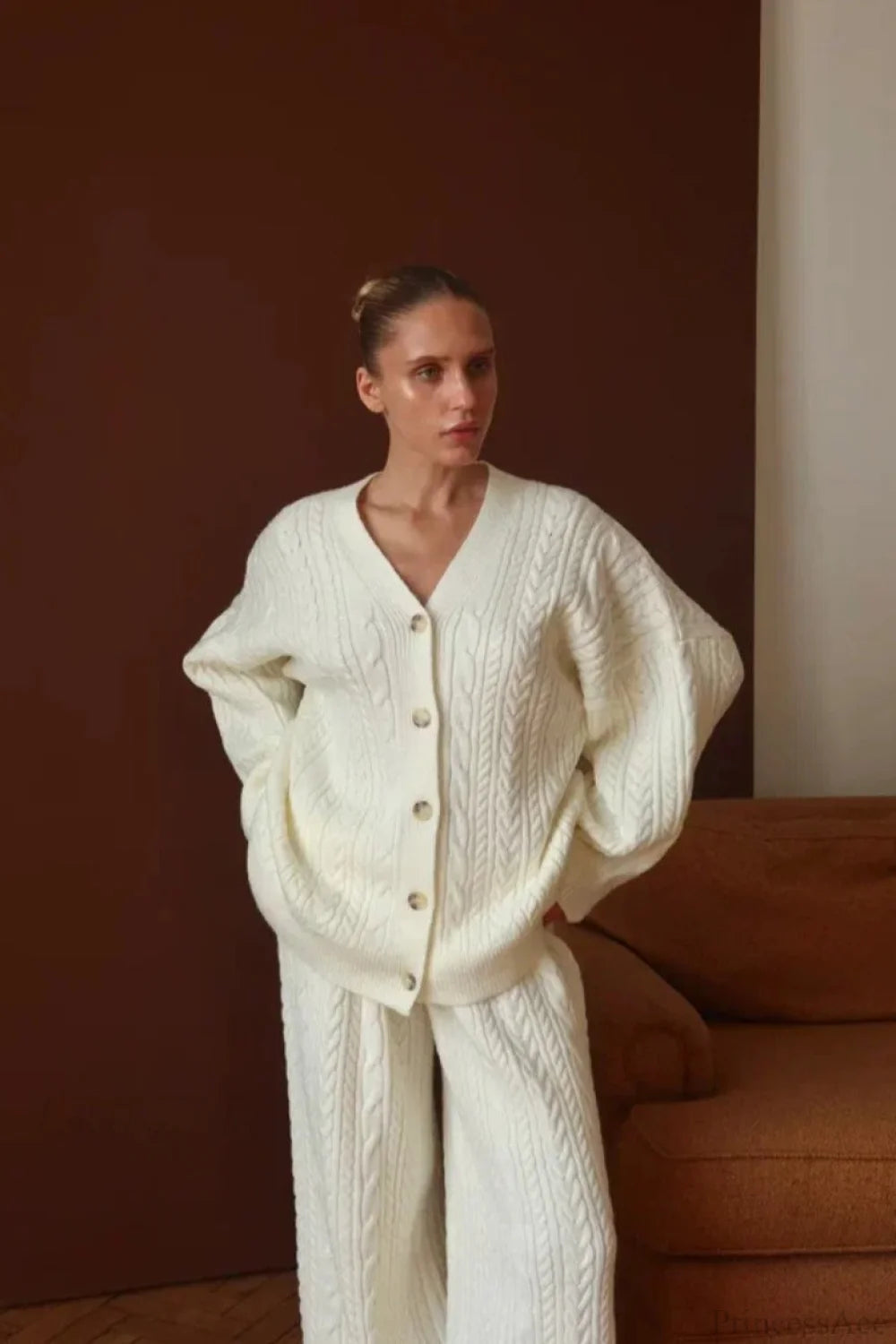 V-neck Cable Knit Top Tank Pants Three Piece Set