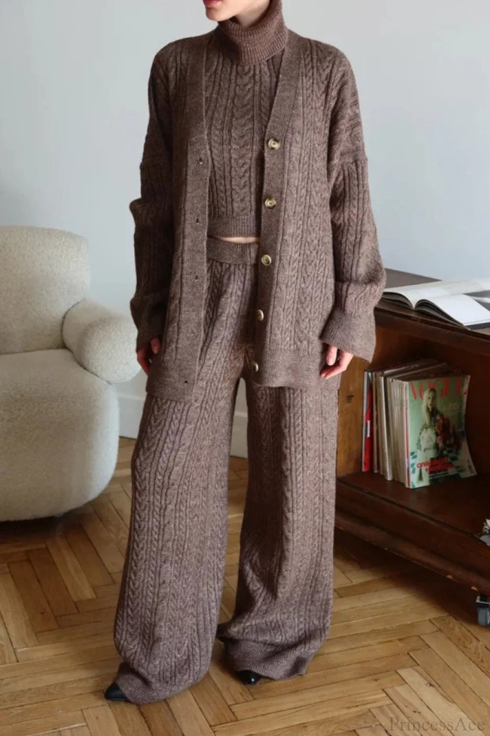 V-neck Cable Knit Top Tank Pants Three Piece Set