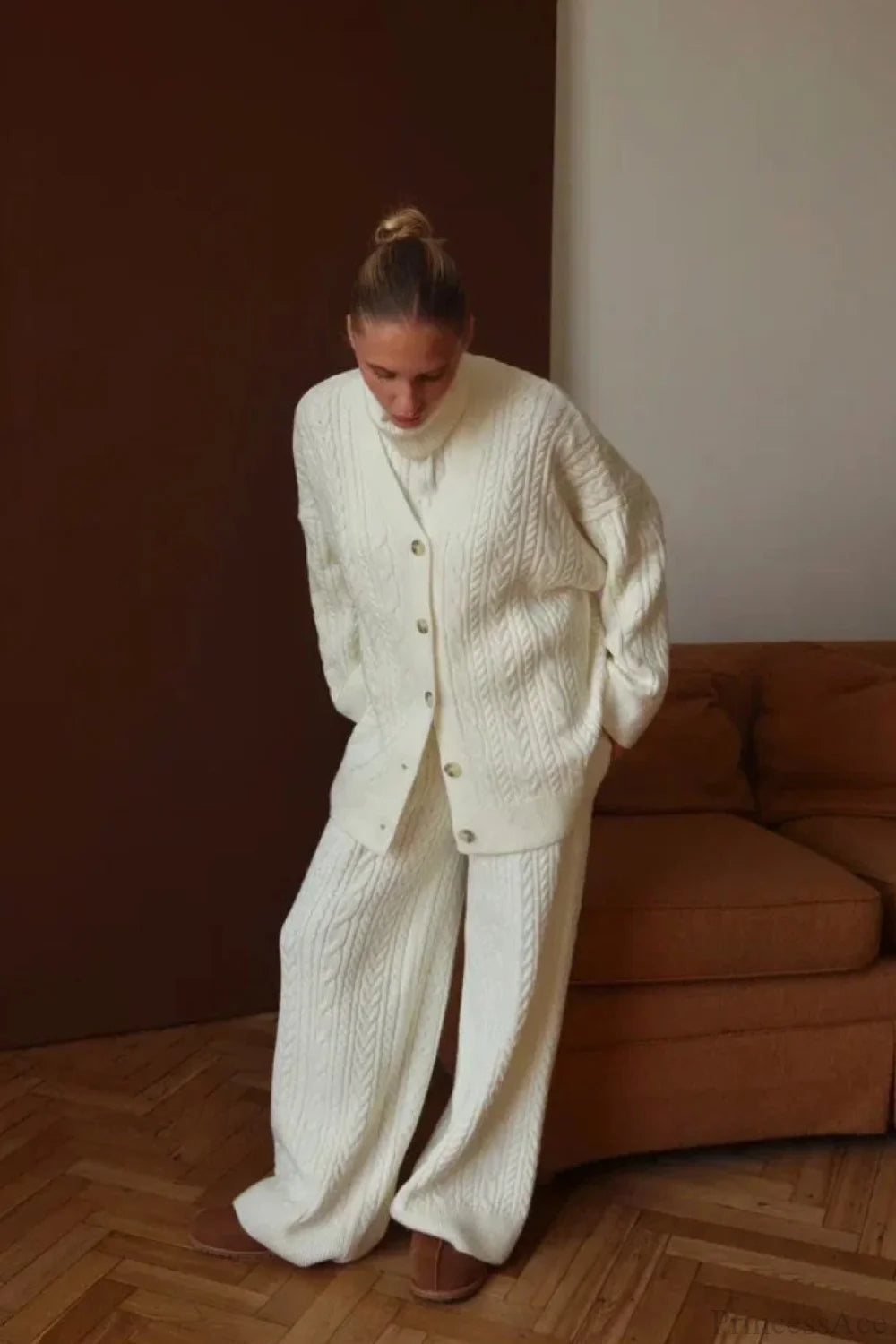 V-neck Cable Knit Top Tank Pants Three Piece Set