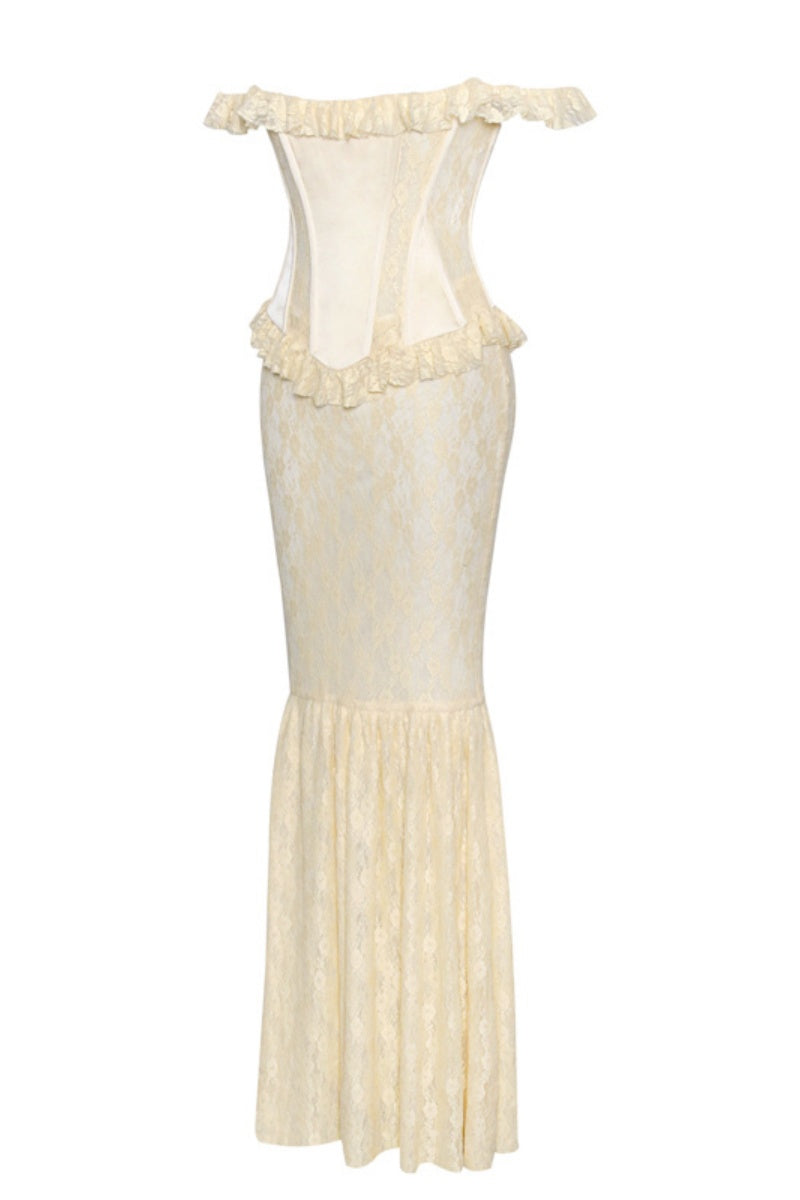 Satin Lace Peplum Corset Off Shoulder Maxi Dress