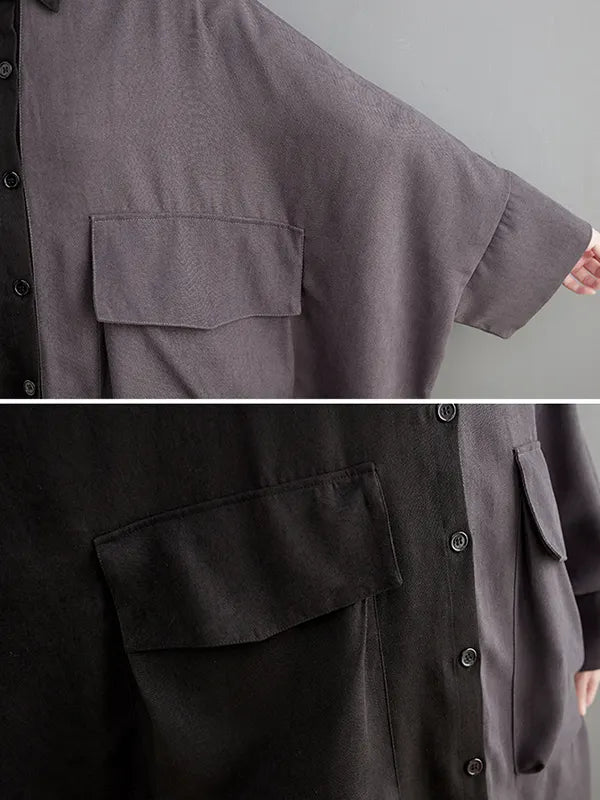 Long Sleeves Loose Buttoned Contrast Color Split-joint Lapel Collar Midi Dresses