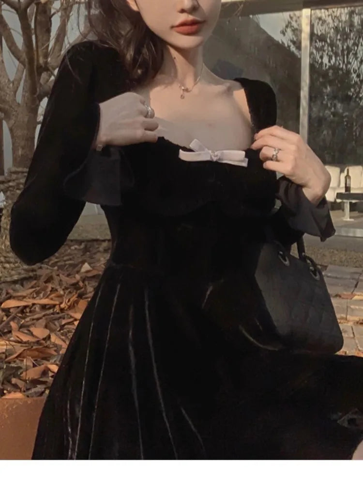 Sweet Black Velvet Mini Dress Flare Sleeve Square Collar Autumn Winter France Birthday Party Kawaii Vestidos New