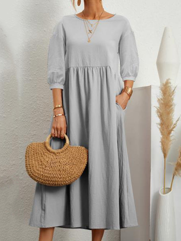 11 Colors Simple Round-neck Color Midi Dress