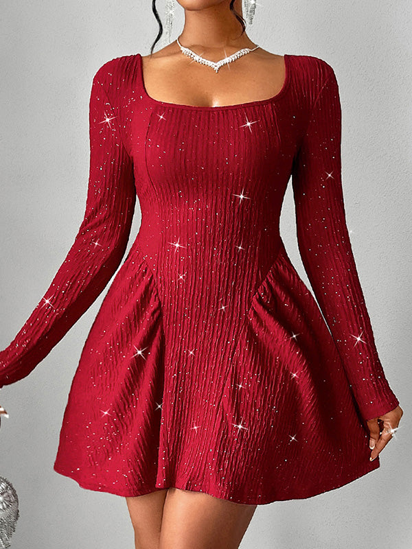 A-line Long Sleeves Backless Pleated Shiny Color U-neck Mini Dresses