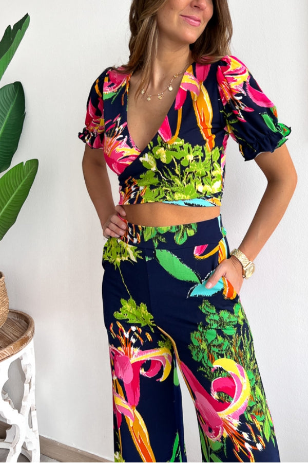 Print V Neck Short Sleeves Crop Top Elastic Waist Wide Leg Pants Set