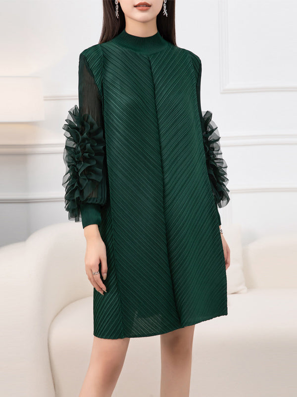 Long Sleeves Loose Embroidered Pleated Color Round-neck Midi Dresses
