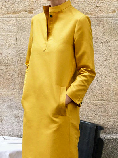 Long Sleeves Loose Color Split-side Stand Collar Midi Dresses