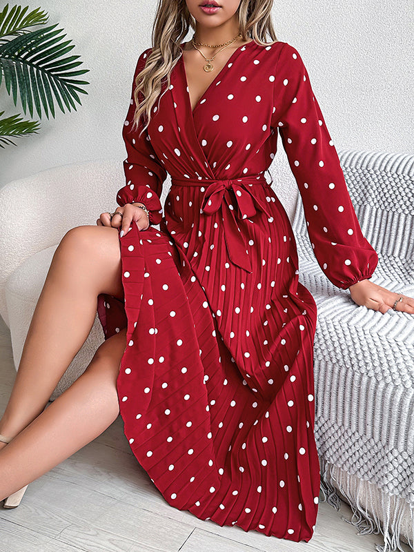 A-line High Waisted Elasticity Pleated Polka-dot Split-joint Tied Waist V-neck Midi Dresses Shirt Dress