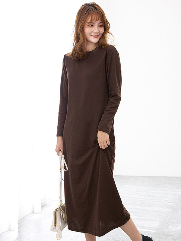 Simple Color Round-neck A-line Midi Dress