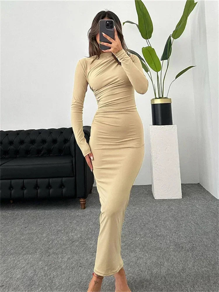 Pleated Autumn Dress Patchwork Long Sleeve Maxi Dress
