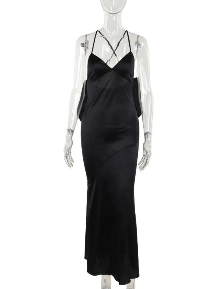 Bow Backless Maxi Dress for Satin Spaghetti Strap V Neck Sleeveless Club Party Long Dress