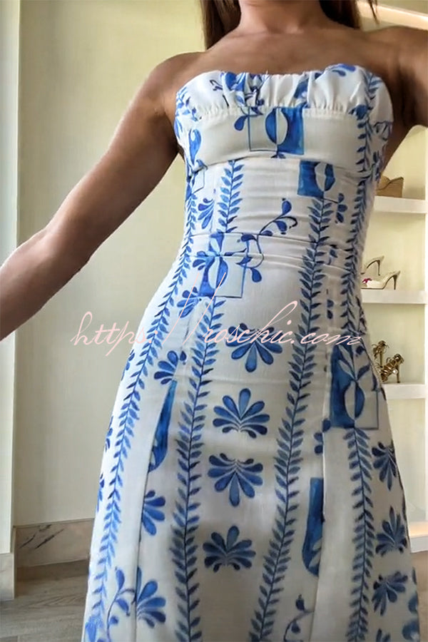Freya Linen Blend Wave Print Ruched Bust Strapless Maxi Dress