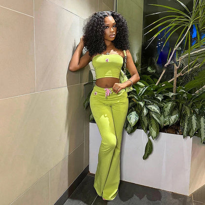 Ins Embroidered Flower Tube Top High Waist Drawstring Pant Two-piece Set Spring – Embroidered Tube Top and High Waist Drawstring Pants Set