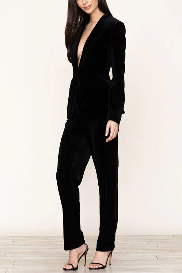 Color Velvet Long-sleeve Blazer and Elastic Waist Pocket Pants Set