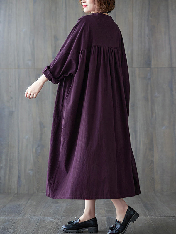 Loose Puff Sleeves Pleated Color Stand Collar Midi Dresses