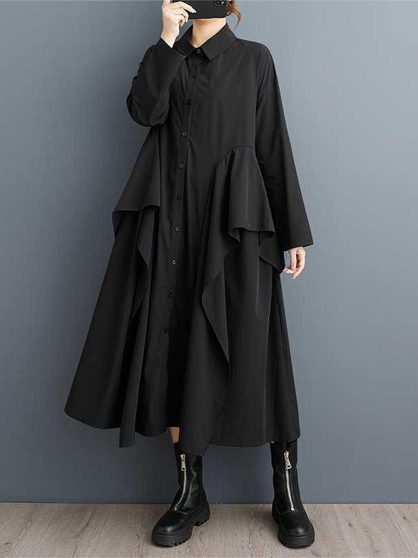 A-line Long Sleeves Buttoned Pockets Ruffle Trim Color Lapel Midi Dresses