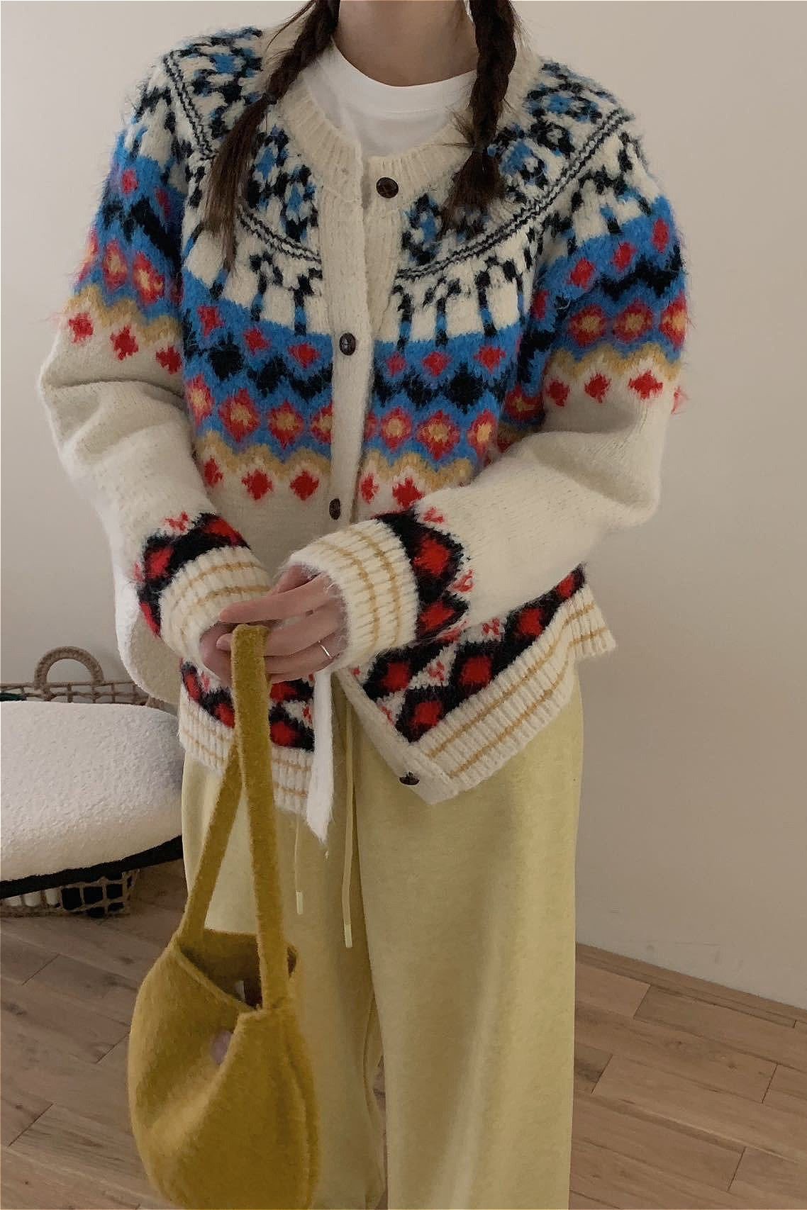Fair Isle Jacquard Colorblock Knit Cardigan