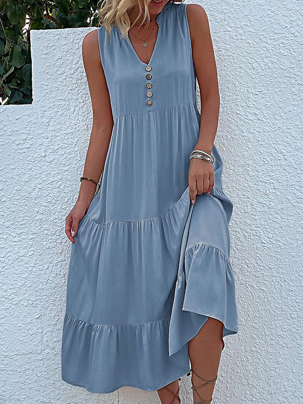 Loose Sleeveless Pleated Split-joint V-neck Midi Dresses