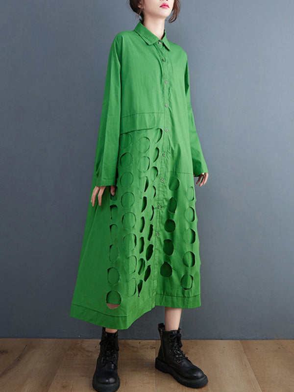 A-line Long Sleeves Asymmetric Hollow Polka-dot Color Lapel Midi Dresses