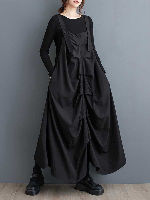 Design Black Square Neck Ruffle Pocket A-line Suspender Midi Dress Ws003
