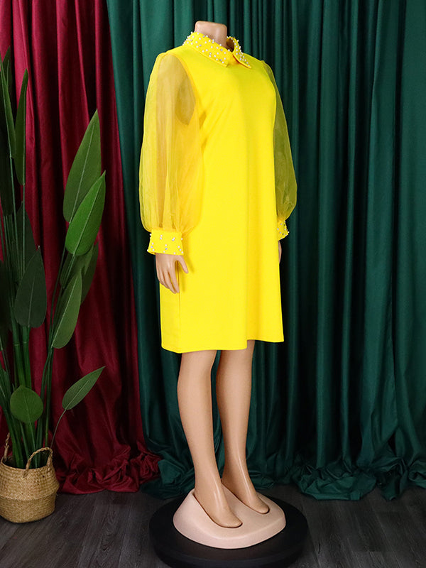 Puff Sleeves Beads Mesh Color Split-joint Round-neck Midi Dresses
