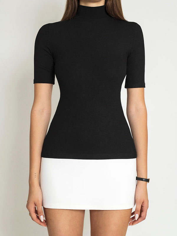 Short Sleeves Skinny Contrast Color Split-joint High Neck Mini Dresses