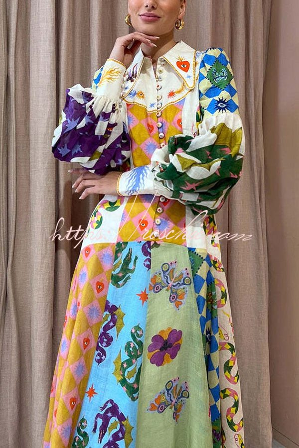 Bold and Irregular Unique Print Balloon Sleeve Belt Shirt Midi Dress