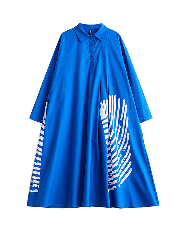 A-line Long Sleeves Asymmetric Buttoned Pleated Printed Split-joint Lapel Midi Dresses Shirt Dress