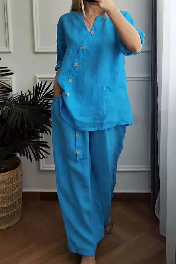 Color Cotton and Linen Cropped Top & Wide Leg Pants Two-piece Set