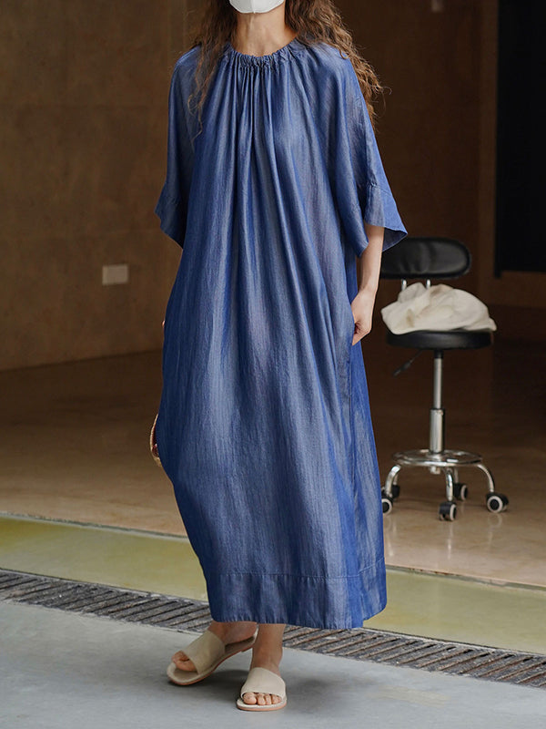 Loose Raglan Sleeve Drawstring Lace-up Pleated Color Round-neck Midi Dresses