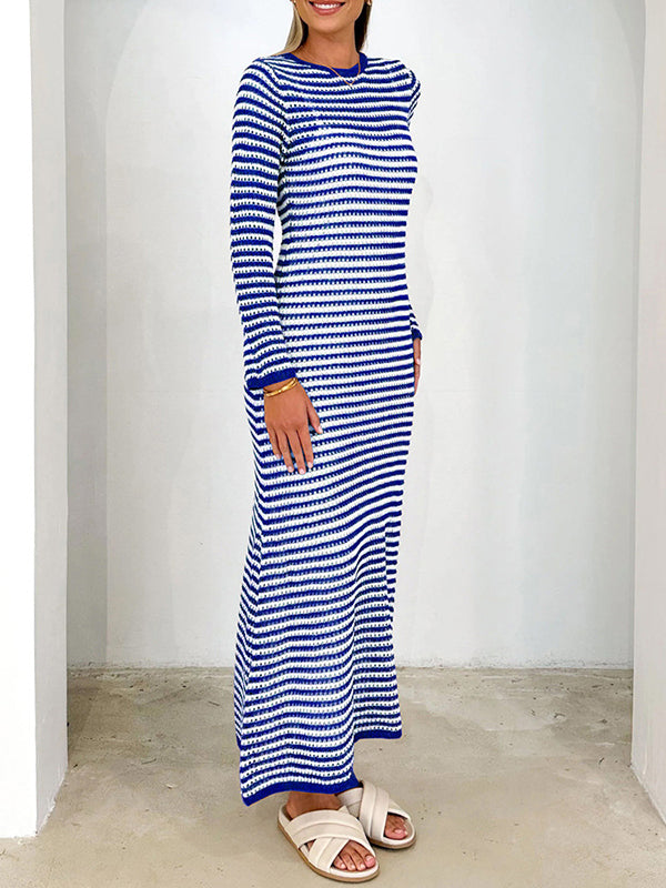 High Waisted Long Sleeves Contrast Color Striped Tied Round-neck Midi Dresses Sweater Dresses