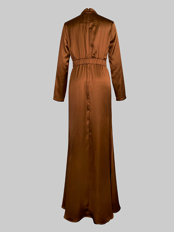 Long Sleeves Loose Pleated Shiny Color Split-joint Tied Waist High Neck Evening Dresses Maxi Dresses