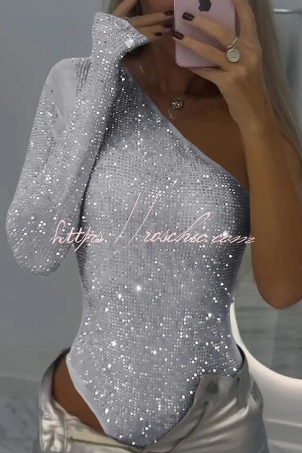 Color Sequined One-shoulder Slim-fit Rompers