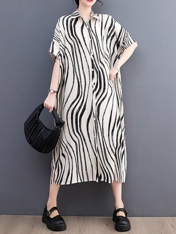 Raglan Sleeve Oversize Zebra-stripe Split-joint Lapel Midi Dresses Shirt Dress
