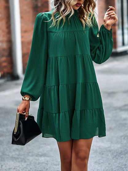 A-line Bishop Sleeve Elasticity Pleated Color Split-joint Tied Mock Neck Mini Dresses