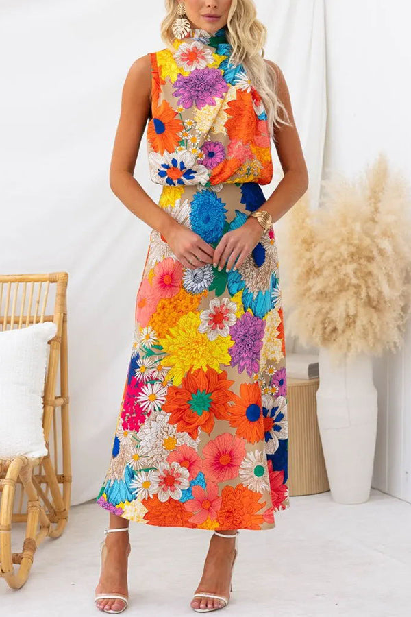 Land of Beauty Print Halter Neck Elastic Waist Party Maxi Dress