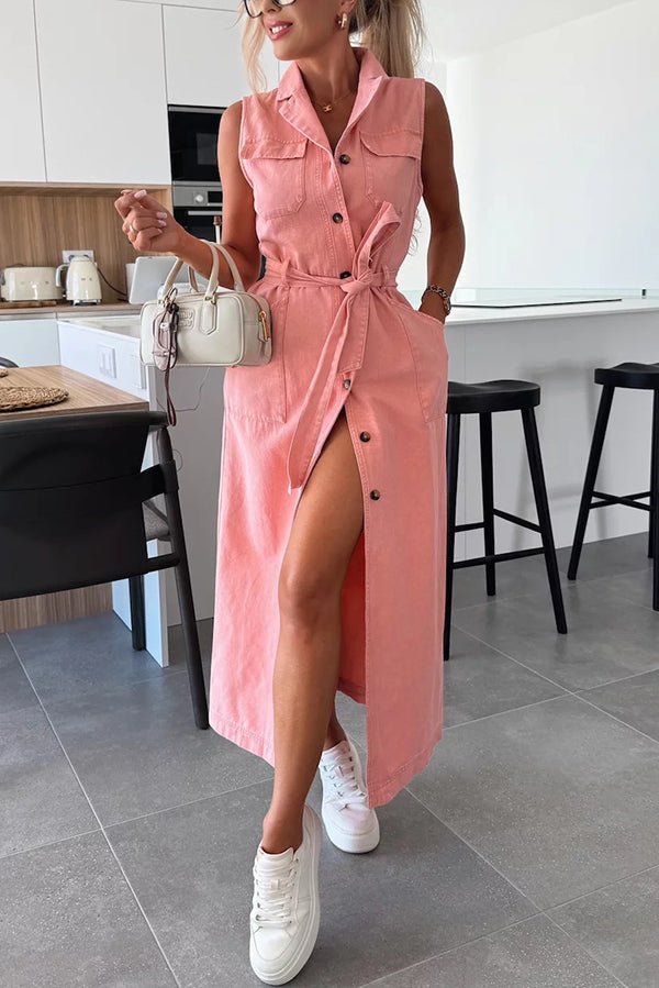 Color Sleeveless Single Breasted Waist Tie Pocket Denim Midi Dress