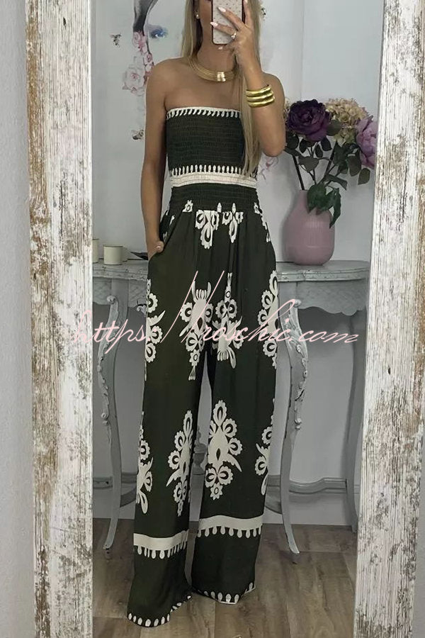 Larsen Print Off Shooulder Smocked Bust Pocketed Jumpsuit
