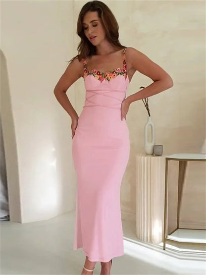 Printed Bandage Long Dress Female Slim Sleeveless High Waist Spaghetti Dress Patchwork Party Dress