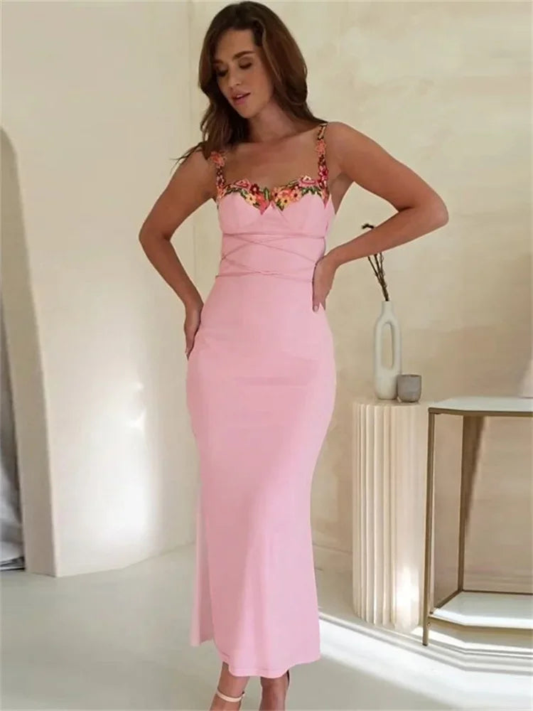 Printed Bandage Long Dress Female Slim Sleeveless High Waist Spaghetti Dress Patchwork Party Dress