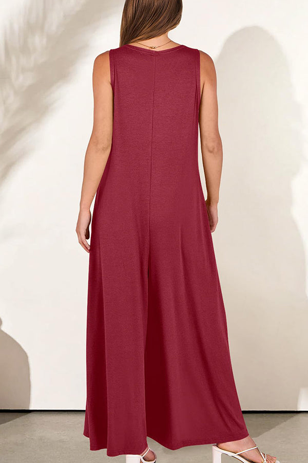 Color V-neck Sleeveless Loose Pocket Wide-leg Jumpsuit