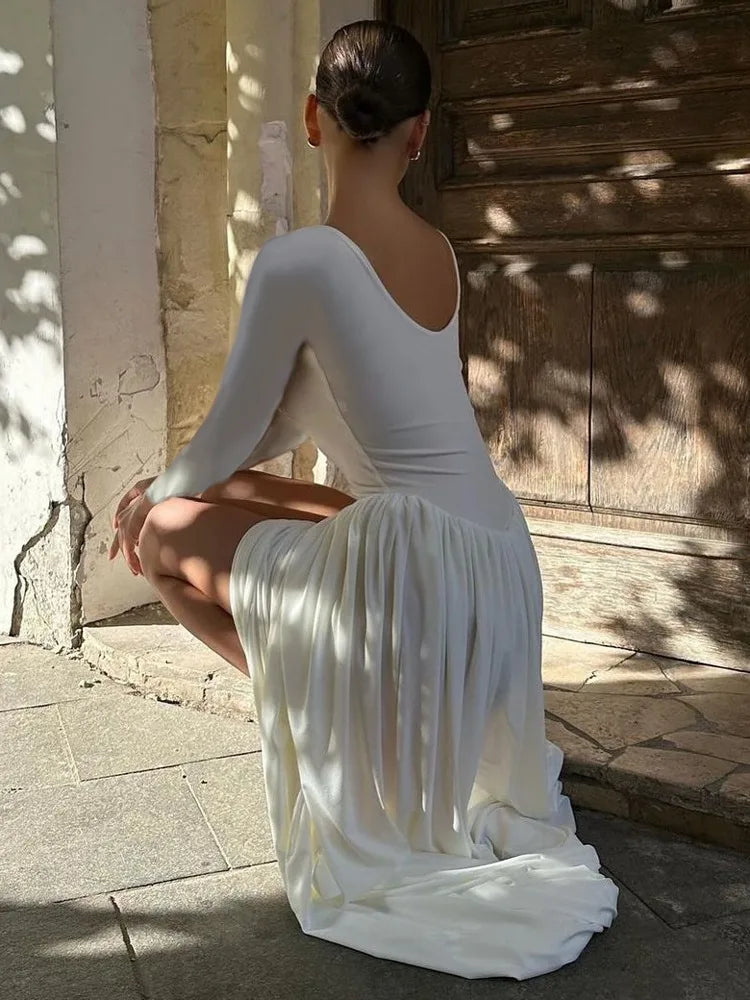White Scoop Neck Maxi Dress for High Waist Slim Long Sleeve Patchwork Dress ’s Long Dress