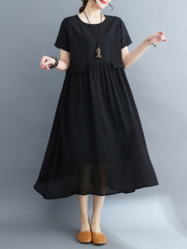 Loose Short Sleeves Gauze Color Split-joint Round-neck Midi Dresses