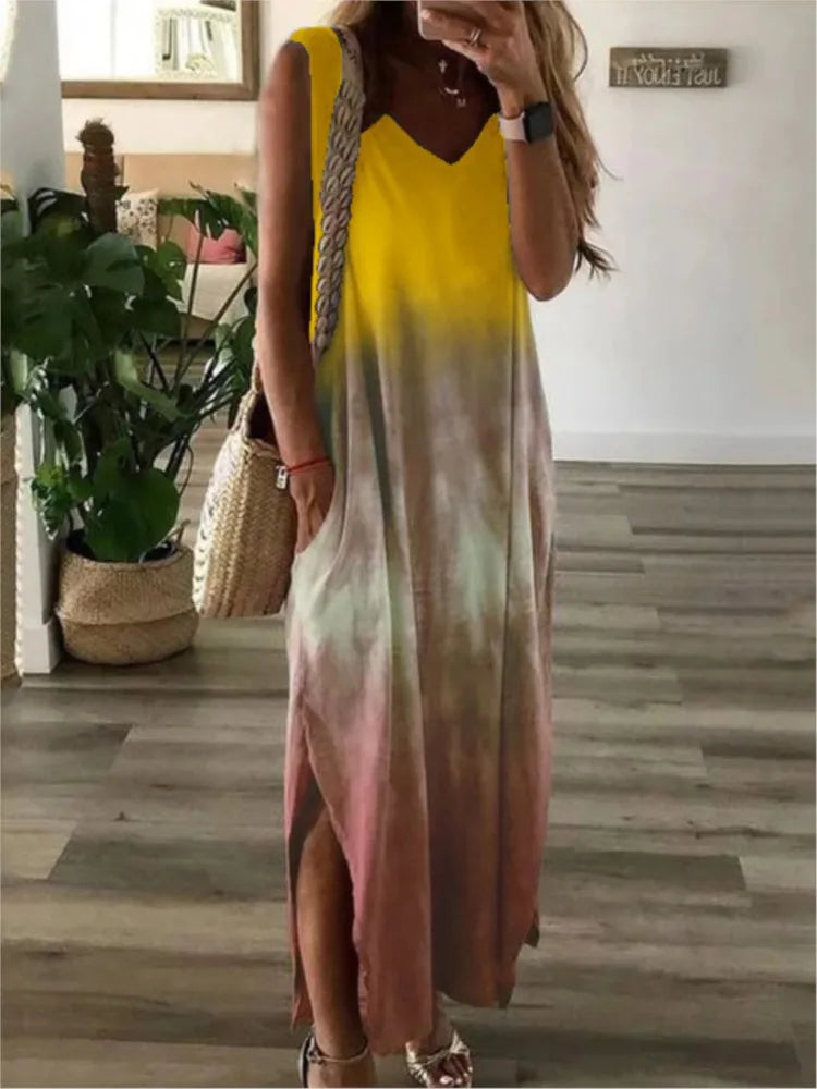 Gradient Tie Dye Print Sleeveless Long Dresses V-neck Loose Slit Vest Dress Female Summer A-line Vestidos
